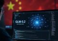 Illustration representing Zhipu AI's GLM-5.2 model with cybersecurity elements, digital code, software vulnerability detection, and global technology competition between China and the United States.
