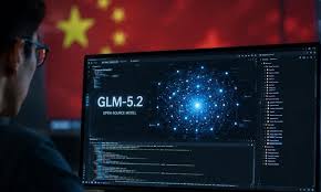 Illustration representing Zhipu AI's GLM-5.2 model with cybersecurity elements, digital code, software vulnerability detection, and global technology competition between China and the United States.
